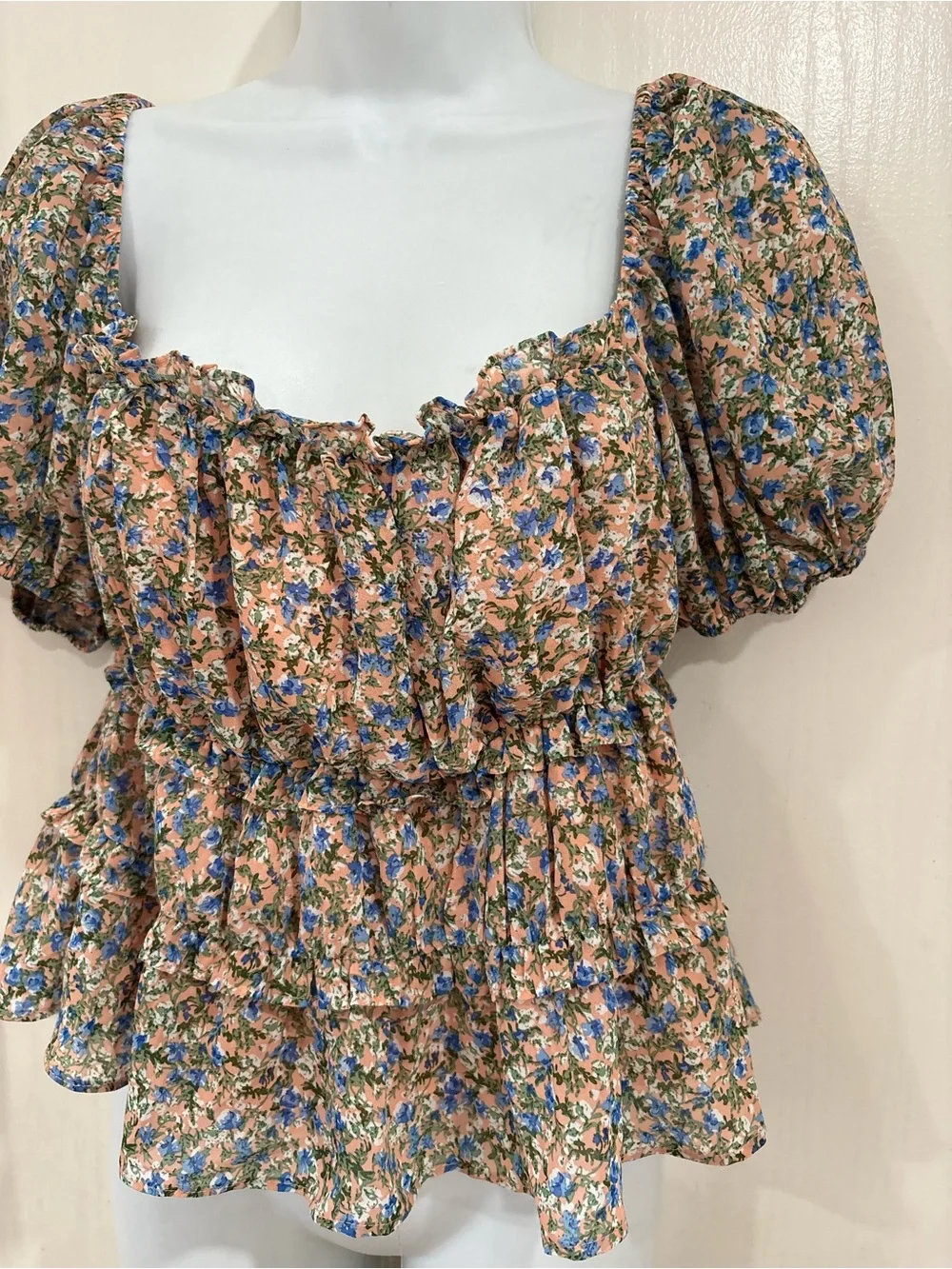 Astr Peach Floral Puff-Sleeve Peplum Top with Blue Flowers peasant baby doll